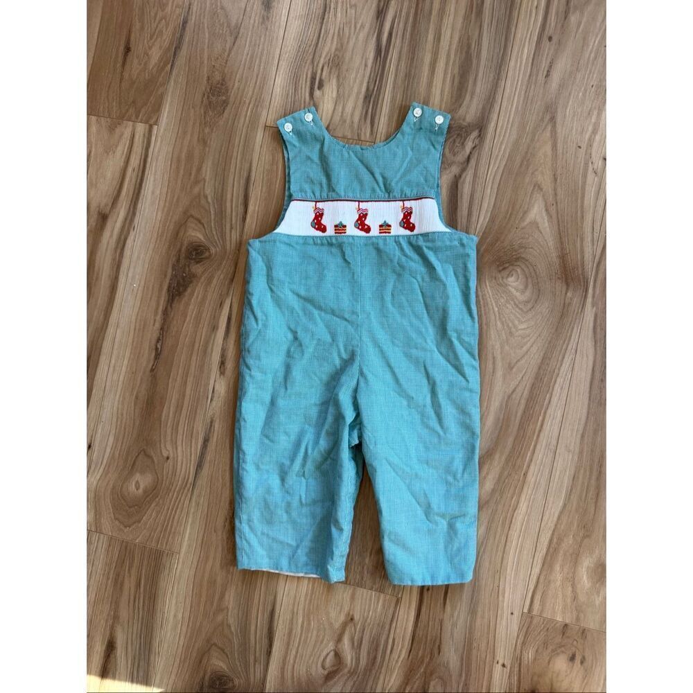 Anavini Handsmocked Kids Boys Green Gingham Embroidered Smocked Christmas Romper